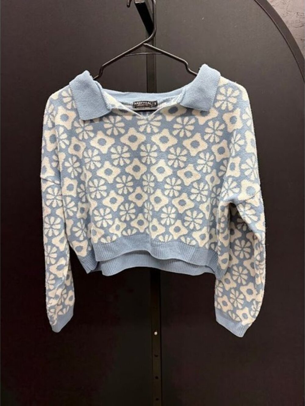 Nasty Gal Blue & White Collared Patterened Sweater